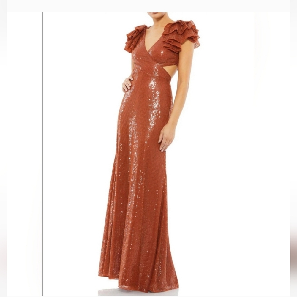 Mac Duggal, Sequined Ruffled Cut-out Lace-up Gown, Brick, Size 8
